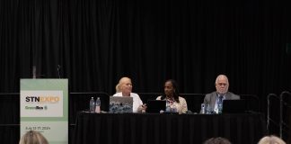Industry veteran and consultant Alexandra Robinson moderates an STN EXPO seminar ON July 13, 2024, with Rosalynn Vann-Jackson of Broken Arrow Public Schools in Oklahoma and and Tim Purvis of Pupil Transportation Information.