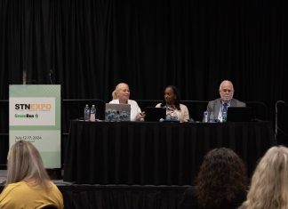 Industry veteran and consultant Alexandra Robinson moderates an STN EXPO seminar ON July 13, 2024, with Rosalynn Vann-Jackson of Broken Arrow Public Schools in Oklahoma and and Tim Purvis of Pupil Transportation Information.