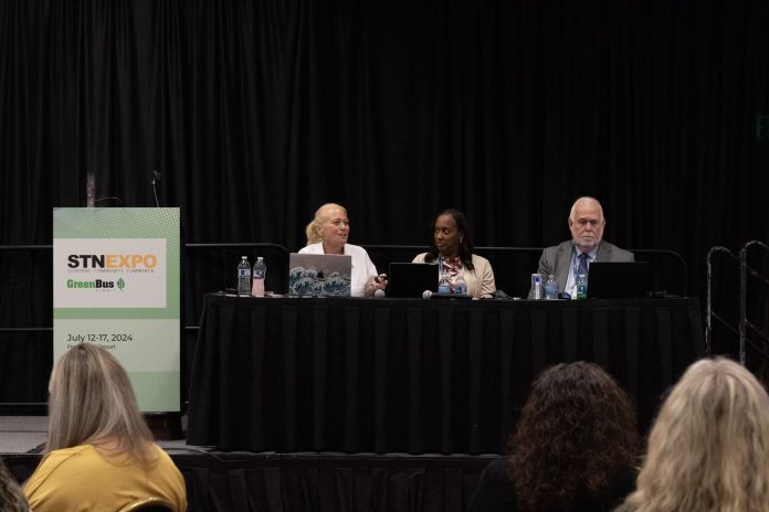 Industry veteran and consultant Alexandra Robinson moderates an STN EXPO seminar ON July 13, 2024, with Rosalynn Vann-Jackson of Broken Arrow Public Schools in Oklahoma and and Tim Purvis of Pupil Transportation Information.